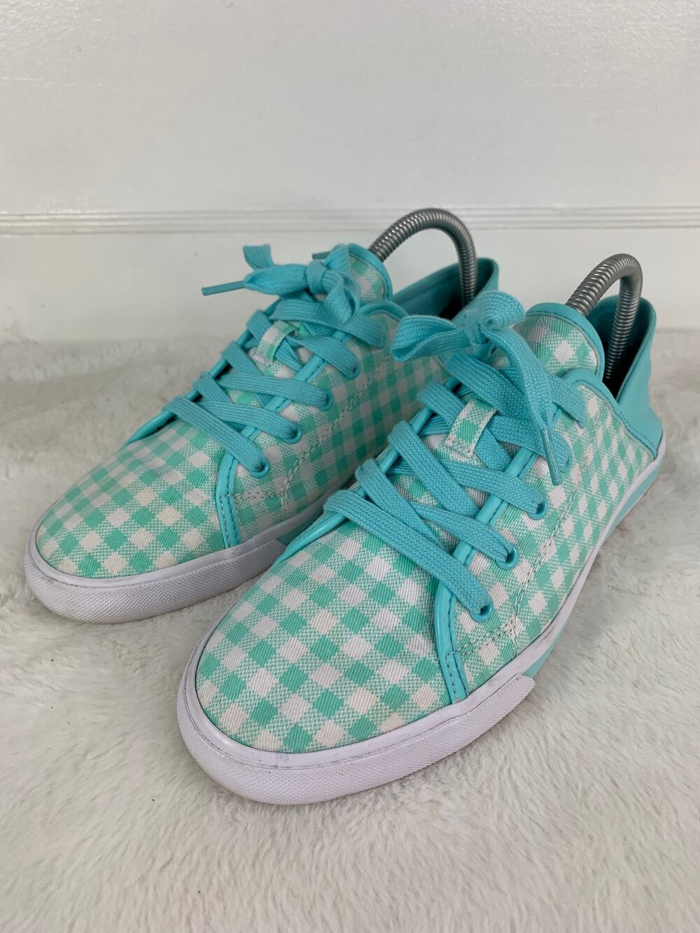 Isaac Mizrahi Live Imfifi Canvas Checkered Teal White Women’s Shoes Size 9
